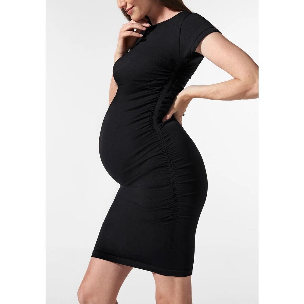 NWT Blanqi Womens Everday Cap Sleeve Dress Size S/M in Black Ruched Stretchy
